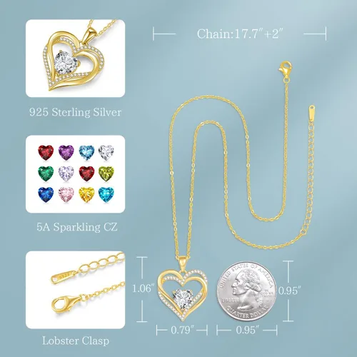 Miniatura 5 de CDE Collares de corazón para mujer, plata esterlina 925, dije de piedra natal, aniversario, cumpleaños, Navidad, día de San Valentín, joyería