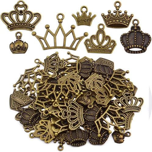 70 dijes de corona de rey de bronce, conector vintage de aleación de reina princesa corona, colgantes, suministros de manualidades para