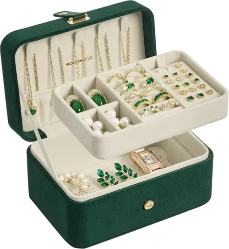 Miniatura 10 de SONGMICS Caja organizadora de joyas, estuche de viaje de 2 capas para aretes, collares, pulseras, almacenamiento portátil de joyas con gran Verde