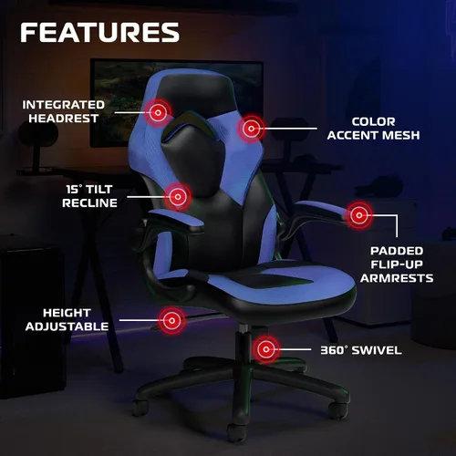Miniatura 6 de RESPAWN 3085 Silla de juegos ergonómica para adultos, silla de oficina de respaldo alto con reposacabezas y brazos abatibles, asiento de cuero Azul