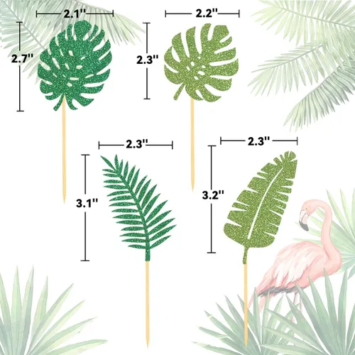 Miniatura 2 de 24 adornos tropicales con purpurina para cupcakes, hojas de palmera tropicales, decoraciones de Aloha para verano, temática hawaiana, baby shower
