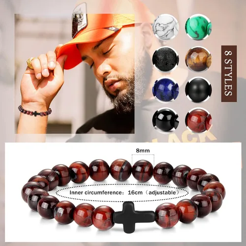 Miniatura 2 de sailimue 8 pulseras de cuentas cruzadas para mujeres y hombres, 0.315in, ojo de tigre, piedra de lava, piedra de roca de lava, elástica, juego