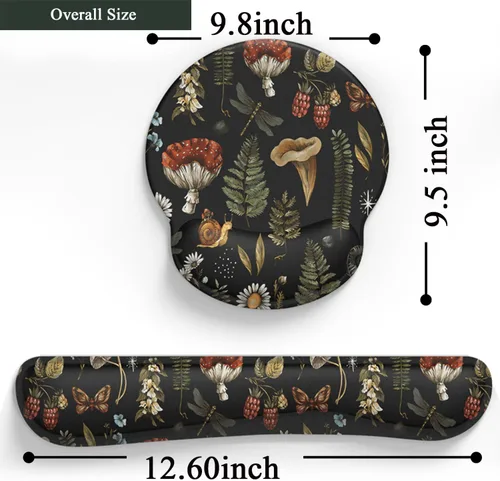 Miniatura 4 de Alfombrilla de ratón con diseño de hongos y plantas, color negro, estética, ergonómica, almohadilla de escritorio con soporte para muñeca, conjunto