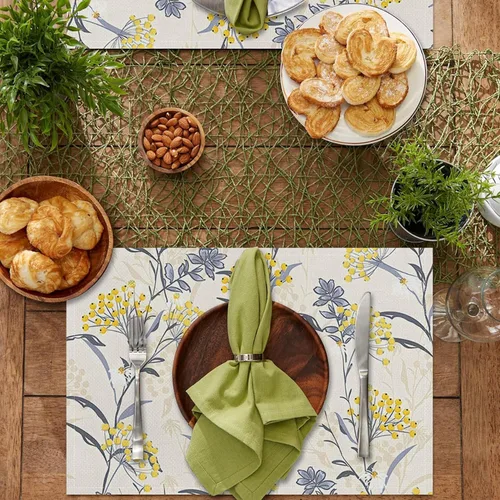 Miniatura 3 de Juego de 4 manteles individuales florales de lino y algodón, lavables, resistentes al calor, reutilizables, para cocina, comedor, 12 x 18 pulgadas