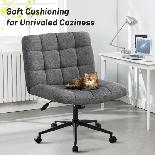 Miniatura 3 de Furniliving Silla de escritorio de oficina sin brazos, silla giratoria acolchada de tela de lino, silla de oficina ajustable en casa con ruedas
