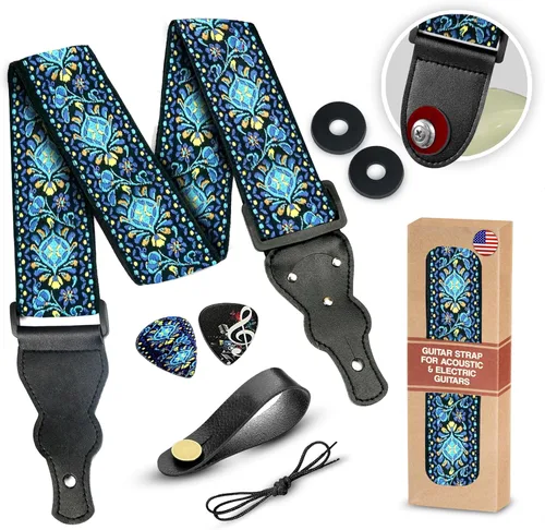 Miniatura 10 de Art Tribute Correa de guitarra para guitarra acústica, eléctrica y bajo, correa clásica ajustable con diseño Lightning con 2 púas + cierres