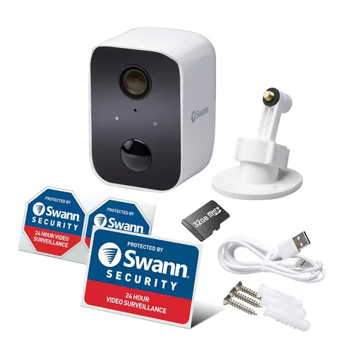 Swann CoreCam Cámara de seguridad inalámbrica, 1080P HD para interior/exterior, conversación y sirena de 2 vías, detección de movimiento de calor,