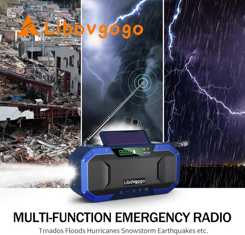 Miniatura 2 de Radio solar de emergencia con manivela Bluetooth, impermeable, portátil, NOAA, meteorológica, radio AM FM, cargador de teléfono, linterna de viento