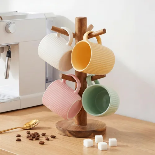 Miniatura 4 de Juego de 4 tazas de café de cerámica de 14 onzas, modernas tazas de café a rayas acanaladas con asas grandes para café con leche, té, cacao