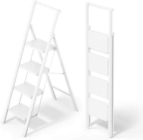 Miniatura 9 de WOA WOA Escalera de 2 escalones, taburete plegable con pedales anchos, taburete portátil para adultos, escaleras de acero resistente para el hogar