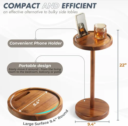 Miniatura 2 de Mesa auxiliar de pedestal, mesa de bebida de acacia con base pesada, mesa auxiliar redonda pequeña para espacios pequeños con soporte para teléfono