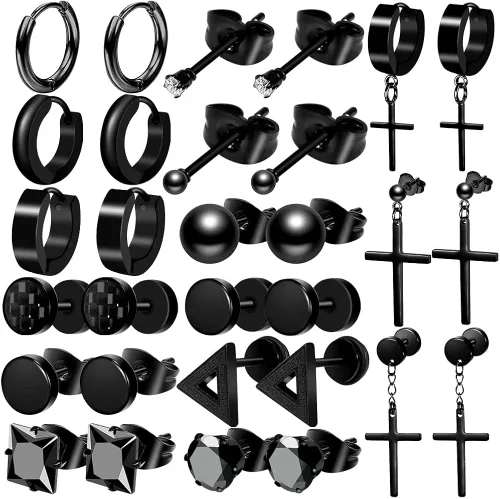 ONESING 10-15 pares de aretes para hombre, aretes negros de acero inoxidable para hombres y mujeres, juego de aretes de piercing para hombre, Acero