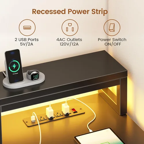 Miniatura 8 de SEDETA Escritorio para juegos en forma de L, escritorio grande para computadora de 78.7 pulgadas con cajones, toma de corriente y luz LED, Negro