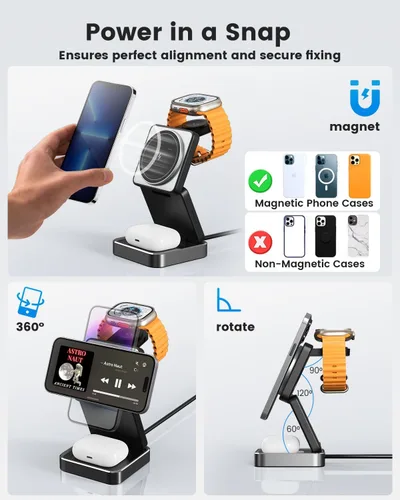 Miniatura 4 de Cargador inalámbrico 3 en 1 para iPhone, estación de carga inalámbrica rápida de 15 W compatible con cargador Mag-Safe, cargador de viaje plegable
