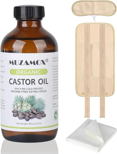 MUZAMOX Paquete de Aceite de Ricino con Envoltorio y Juego de Botella de Vidrio de 8 fl.oz, Incluye Aceite de Ricino Orgánico Prensado en Frío y Sin