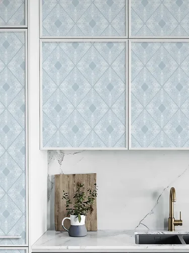Miniatura 3 de Dimoon Papel tapiz texturizado para despegar y pegar, de 236 x 16.1 pulgadas, papel tapiz geométrico azul y blanco, grueso, impermeable, moderno