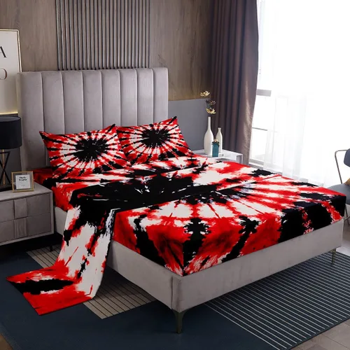 Feelyou Juego de sábanas de teñido anudado tamaño Queen para niños y niñas, juego de sábanas bohemias trippy negro rojo hippie teñido anudado juego