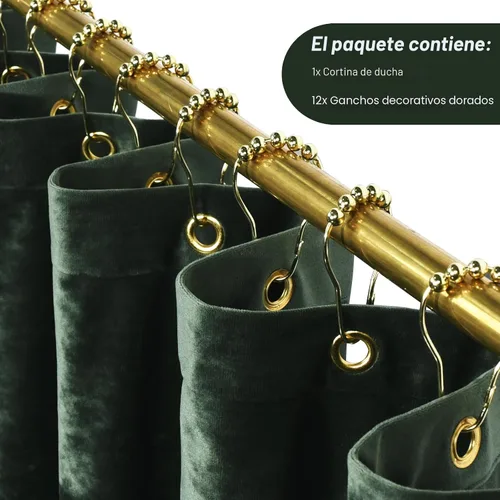 Miniatura 3 de TAMGHO Cortina de ducha de terciopelo triturado, cortina de ducha de lujo verde oscuro con ganchos de metal dorado Decro, lavable a máquina, cortina