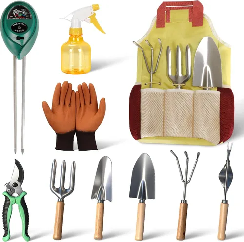 Miniatura 7 de Juego de herramientas de jardín, 10 piezas de herramientas manuales de jardinería resistentes con medidor de humedad del suelo y bolsa