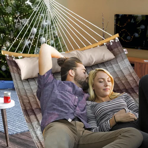 Miniatura 8 de Hamaca doble, hamaca de tela acolchada de 11 pies para 2 personas para exteriores con almohada, barra separadora curvada plegable, cadenas, bolsa