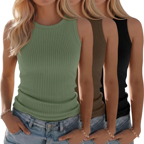 Miniatura 15 de Paquete de 3 camisetas sin mangas de algodón para mujer, de punto acanalado, casuales, básicas, de cuello redondo, ajustadas, de verano, con espalda