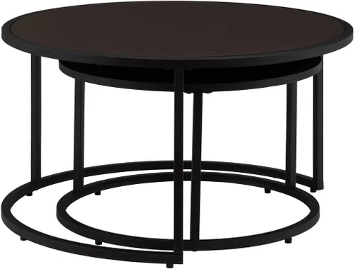 Miniatura 5 de 24KF Moderna mesa de centro redonda de piel sintética con base de metal negro, mesa de té decorativa para sala de estar, juego de 2, color marrón