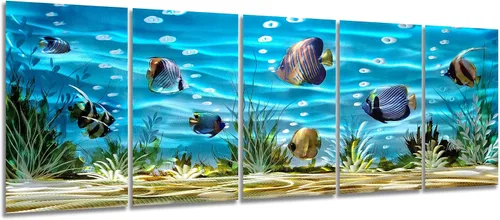 Miniatura 11 de SYGALLERIER Arte de pared abstracto de metal costero, hecho a mano, gran 3D, azul y plateado, ilustraciones modernas de olas de mar, escultura