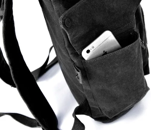Miniatura 2 de FH Mochila de lona estilo vintage, mochila negra para hombres y mujeres, mochila de viaje para computadora portátil