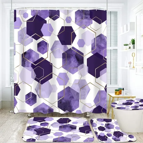 Miniatura 13 de LQCOOL Juego de cortinas de baño azules, 4 piezas de cortina de ducha geométrica de arte moderno con 12 ganchos, impermeable, opaca, 70.8 pies