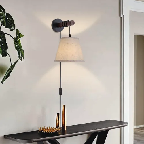 Miniatura 4 de Apliques de pared enchufables, lámpara de pared de cabecera con brazo de madera, luz de pared de tela con interruptor de encendido/apagado