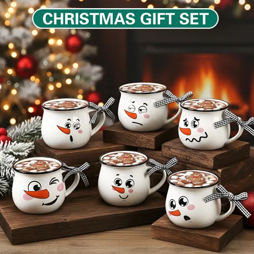 Miniatura 2 de Zubebe Juego de 6 tazas de café de cerámica de invierno con cintas de asa, juego de tazas de café de 12 onzas, taza de cacao caliente, regalo