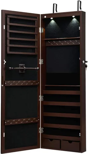 Miniatura 9 de Giantex Organizador de joyas montado en la paredpuerta con 2 luces LED, armario de joyería de altura ajustable con cerradura con espejo de longitud