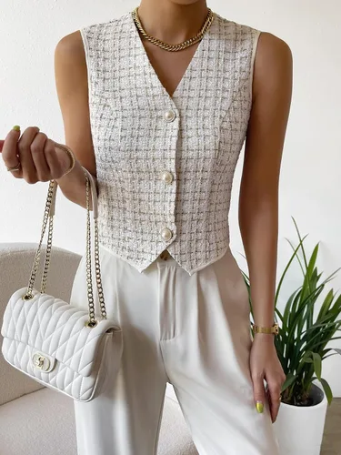 Miniatura 4 de WDIRARA Blazer sin mangas con cuello en V y botones asimétricos para mujer