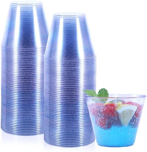 Homy Feel Vasos de plástico con purpurina azul de 9 onzas, 100 unidades, tazas desechables de cóctel y vino para fiesta de boda