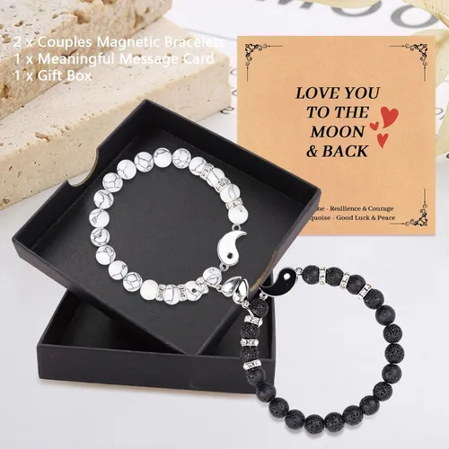 Miniatura 63 de 2 pulseras magnéticas para parejas, piedra natural negra mate, cristal para votos de amor eterno, juego de pulseras de cuentas de piedra de energía