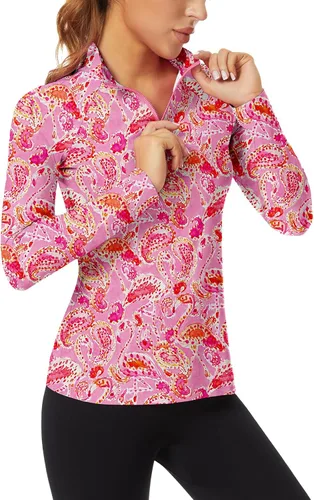 Miniatura 183 de WOWENY Camiseta deportiva de manga larga para mujer, con cremallera de un cuarto, cuello para entrenamiento, camiseta de tenis con estampado