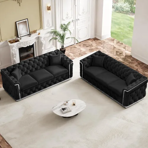 Miniatura 20 de Juego de 2 sofás Chesterfield de lujo, sofá victoriano copetudo negro y dorado, moderno de mediados de siglo, juego de sofás de 3 plazas para sala