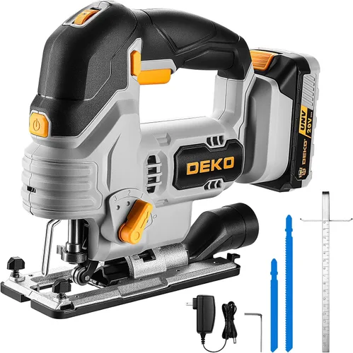 Sierra de calar inalámbrica eléctrica: DEKOPRO 20V de potencia con luz LED, velocidad variable de 800-3000 RPM, longitud de carrera de 7/8 pulgadas,