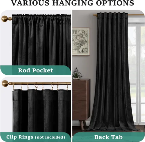 Miniatura 5 de HOMEIDEAS Cortinas opacas de terciopelo negro, 52 x 84 pulgadas, suaves y gruesas, para oscurecer la habitación, con aislamiento térmico, bolsillo
