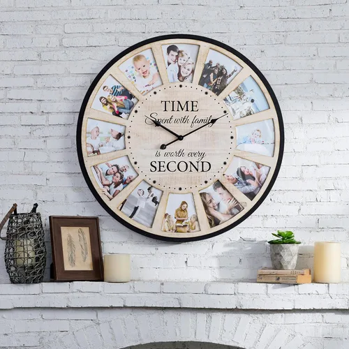 Miniatura 4 de Reloj de pared de madera rústica estilo granja con collage de 12 fotos, reloj de pared grande con fotos familiares para sala de estar, hogar