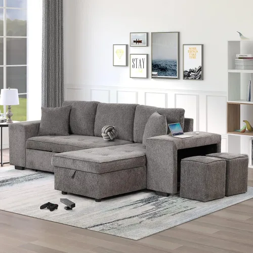 Sofá cama modular de 104 pulgadas con diván convertible de almacenamiento y taburetes para sala de estar, moderno sofá cama extraíble de 3 asientos