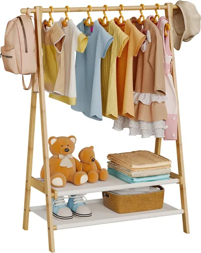 Perchero de ropa para niños con 2 estantes de tela, soporte plegable para ropa infantil con barra para colgar, organizador de disfraces pequeño,