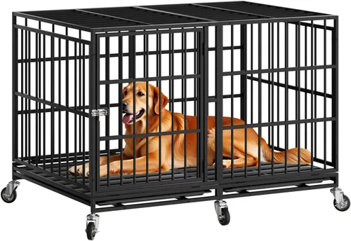 Miniatura 11 de Snuowu Jaula para perros de alta resistencia de 42 pulgadas con ruedas, jaula indestructible a prueba de escapes para perros grandes, extragrande