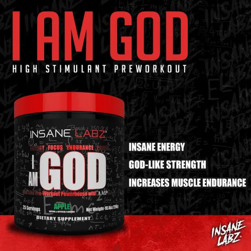 Miniatura 4 de Insane Labz I am God Pre Workout, Polvo de preentrenamiento de alta estimulación cargado con creatina y bitartrato DMAE energizado por AMPiberry