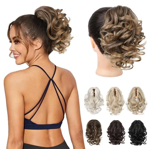 Miniatura 14 de REECHO Extensión de cola de caballo, pinza de cola de caballo rizada y ondulada de 9 pulgadas, extensiones de cabello HP001 para mujeres - Castaño