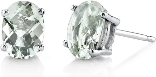 Peora Aretes tipo dormilona de oro blanco sólido de 14 quilates con amatista verde para mujer, piedra preciosa auténtica, hipoalergénicos, forma