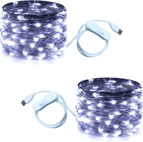Miniatura 8 de RUICHEN Guirnalda de luces USB de 33 pies, 100 luces LED con interruptor de encendido/apagado (blanco cálido, paquete de 2)