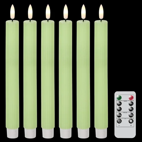 Velas cónicas parpadeantes verdes sin llama que funcionan con pilas con control remoto de 10 teclas y temporizador, 6 paquetes de velas LED de cera