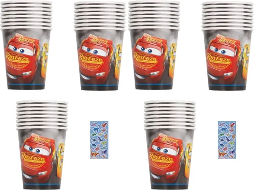 Miniatura 3 de Paquete de suministros para fiesta de cumpleaños de Disney Cars incluye 24 vasos de papel y 1 hoja de calcomanías de dinosaurio