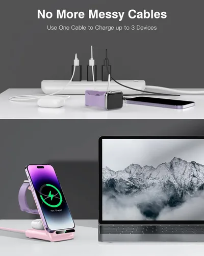 Miniatura 7 de Estación de carga inalámbrica, soporte de carga 3 en 1 hecho para Apple Watch Ultra 10 9 8 7 6 SE 5 4 3, cargador inalámbrico rápido hecho para Rosa